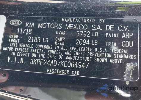 2019 Kia Forte Lxs from USA, damaged, VIN 3KPF24AD7KE064947